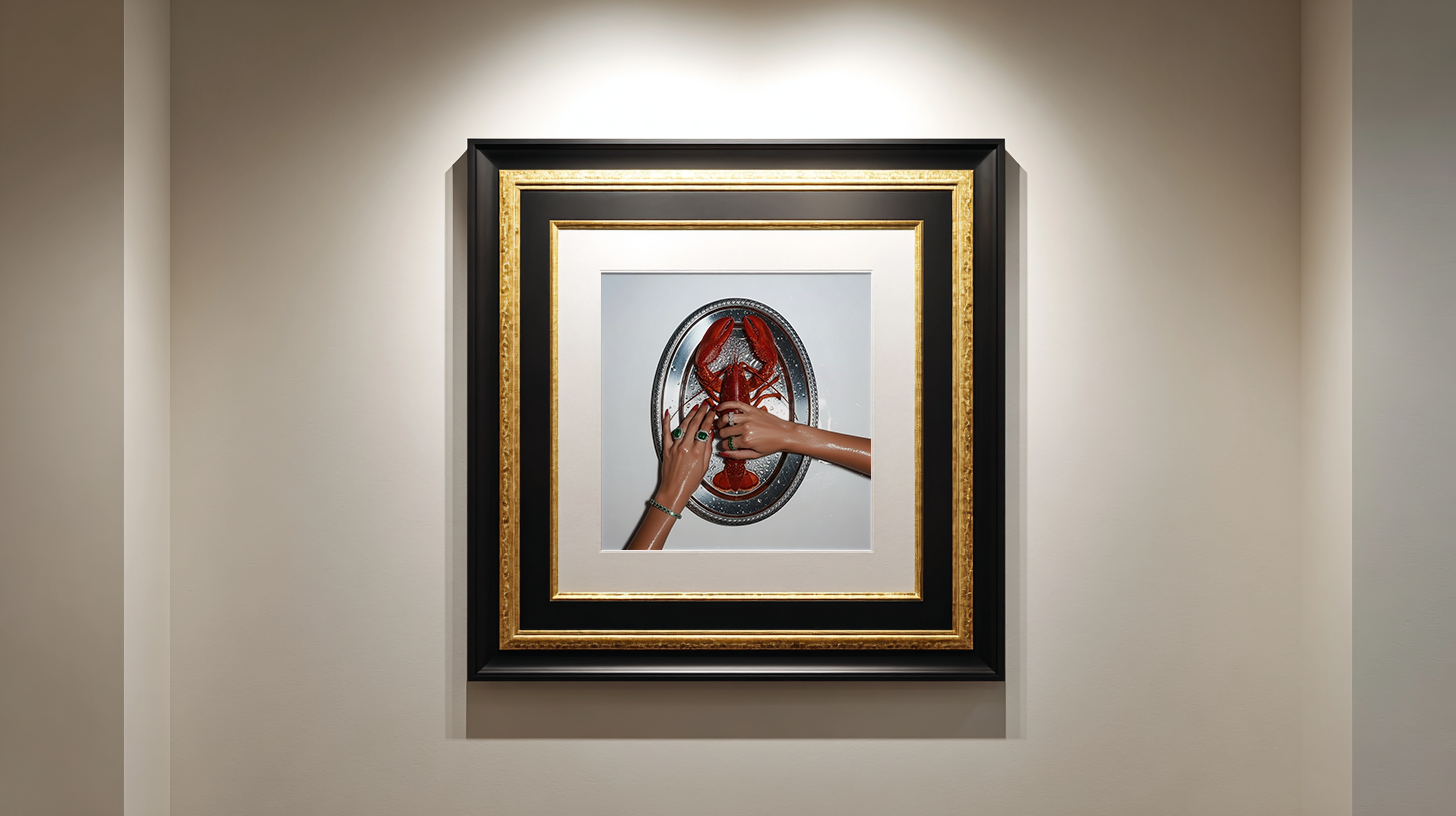 Lobster on silver tray with jeweled hands, surreal kitchen wall art, luxury fashion inspired food photography