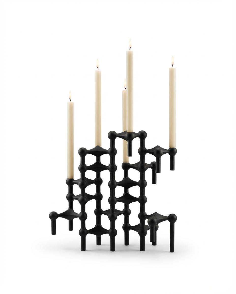 Black geometric candle holder with five white candles on a white background