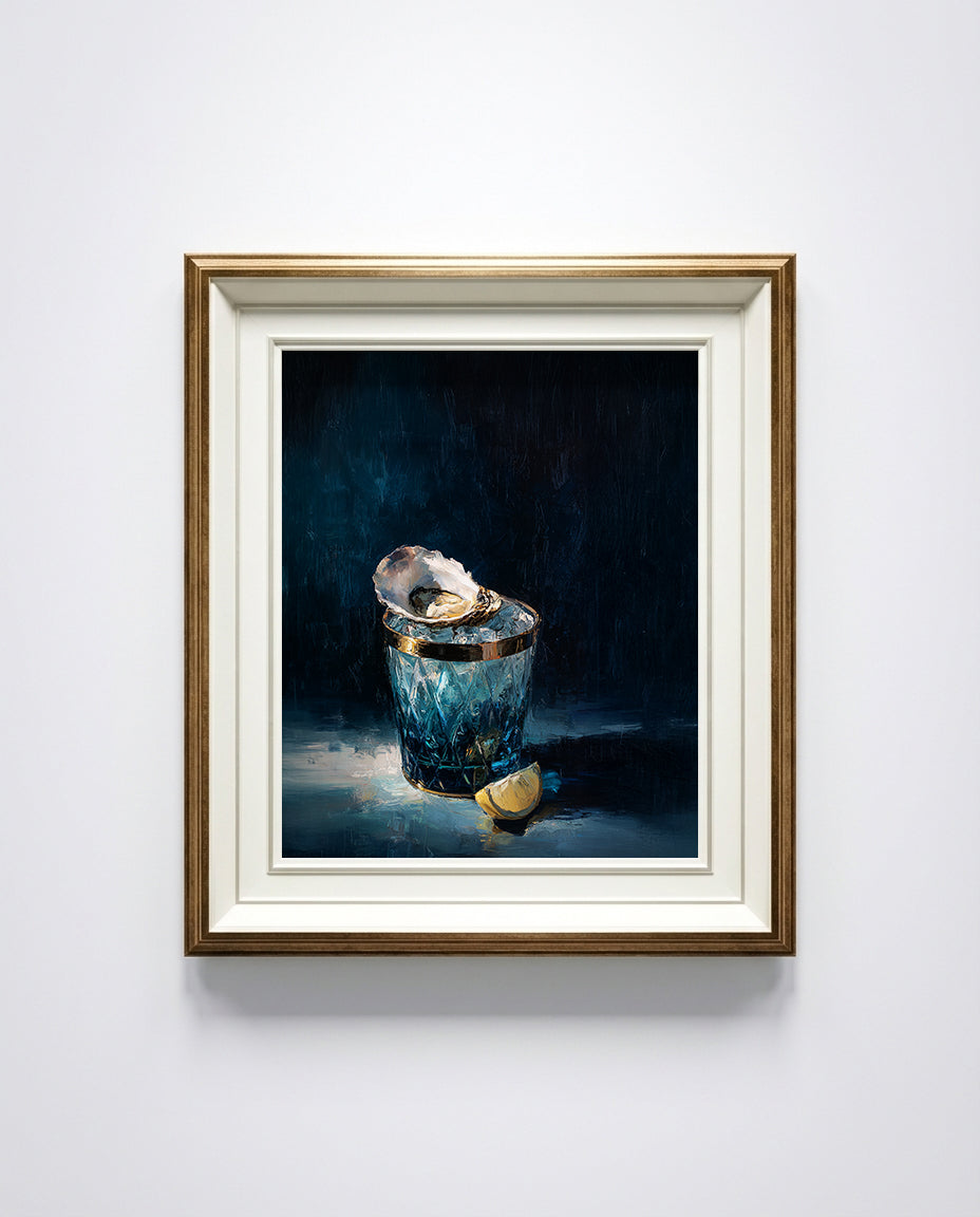 luxury still life oil painting of an oyster on ice in a blue cut glass vessel with lemon slice, dark moody background, elegant wall art
