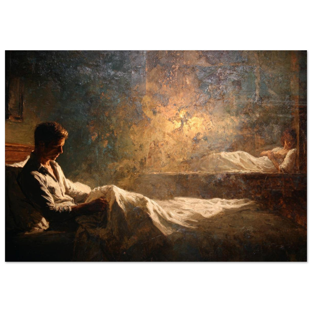 Romantic oil style painting of a man in warm lamplight and a woman resting in soft shadows across the room, cinematic landscape composition.