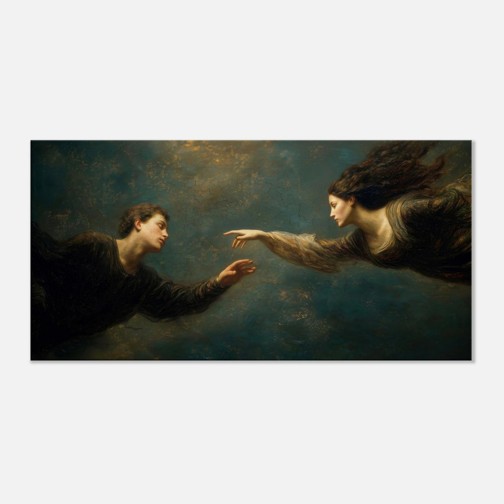 oil style landscape painting of a man reaching toward a woman in an ethereal scene, romantic figurative artwork inspired by classical frescoes, symbolising longing and emotional distance