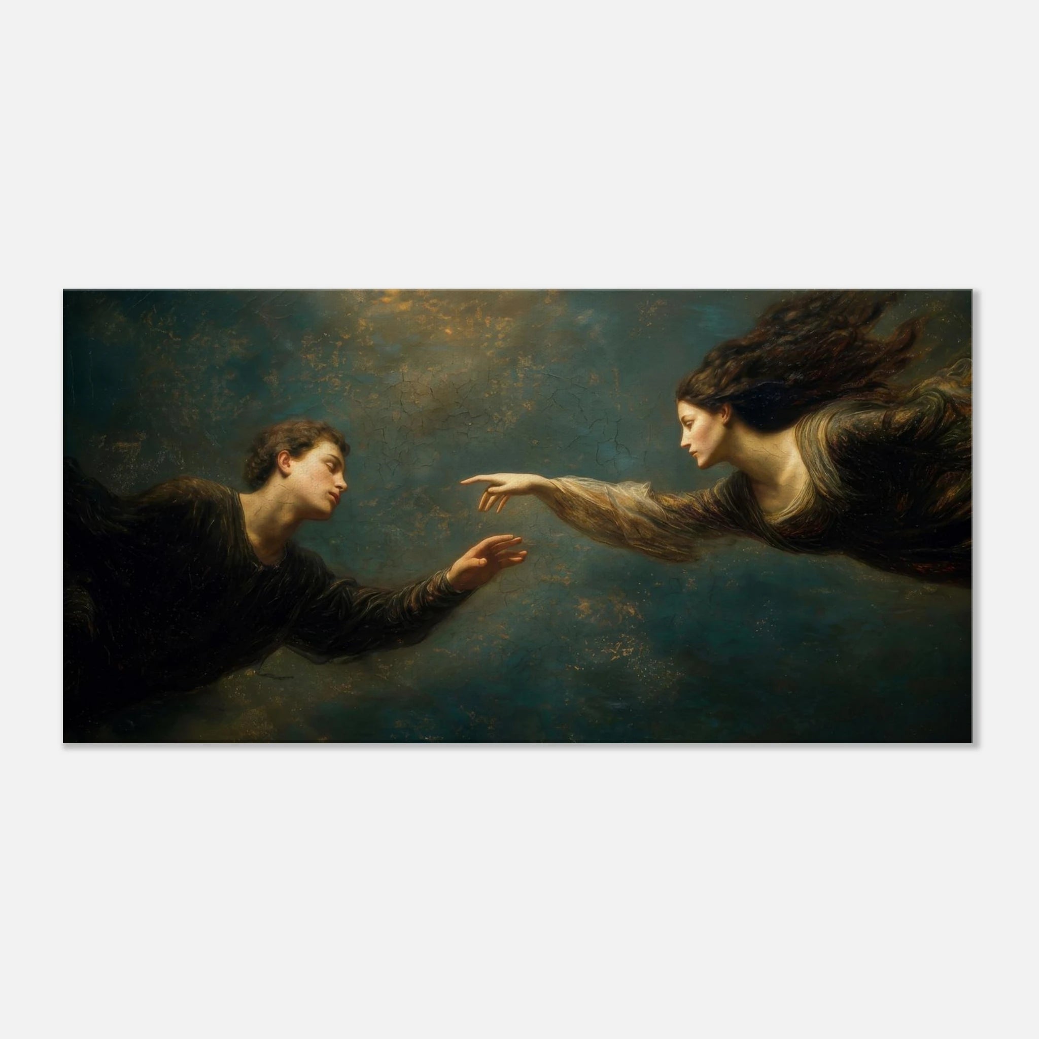 oil style landscape painting of a man reaching toward a woman in an ethereal scene, romantic figurative artwork inspired by classical frescoes, symbolising longing and emotional distance
