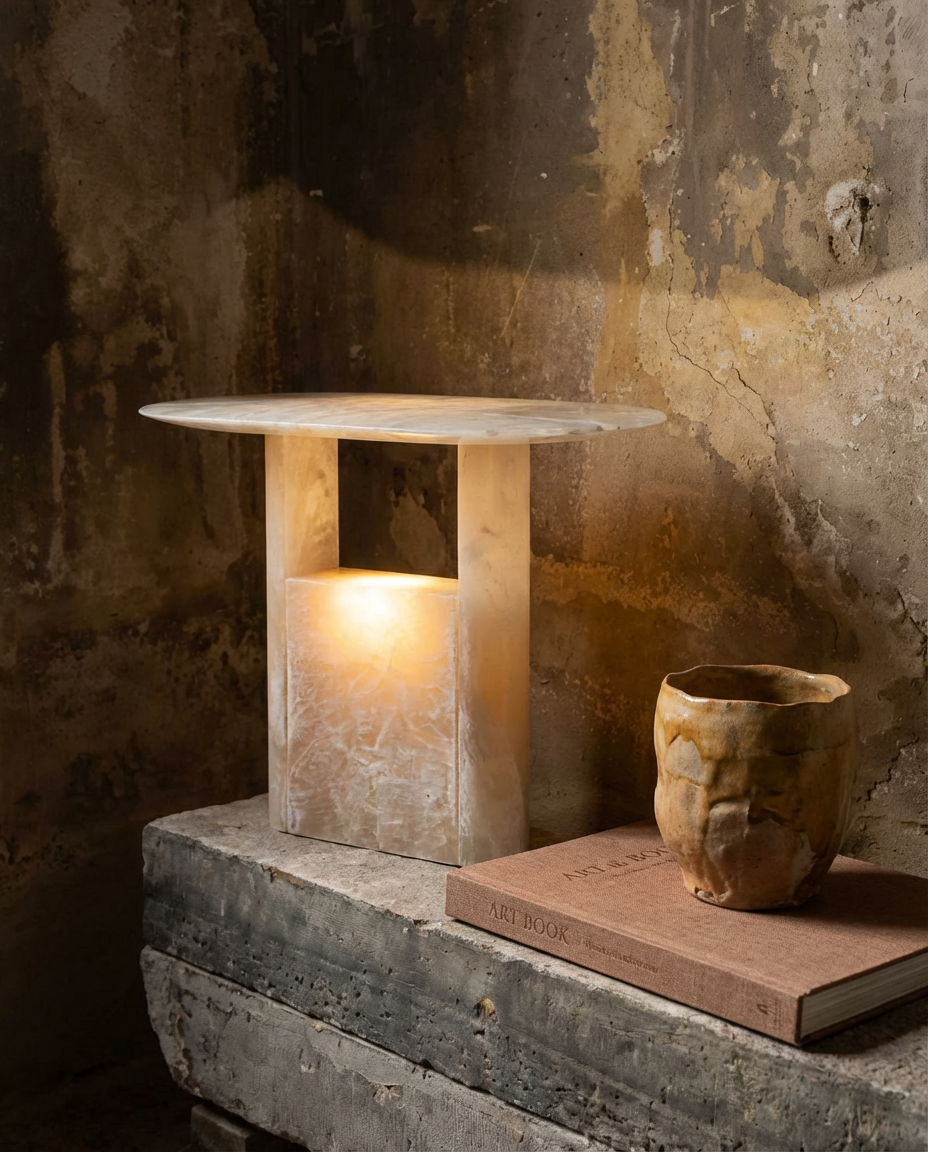 Stone table with a light on a textured wall background