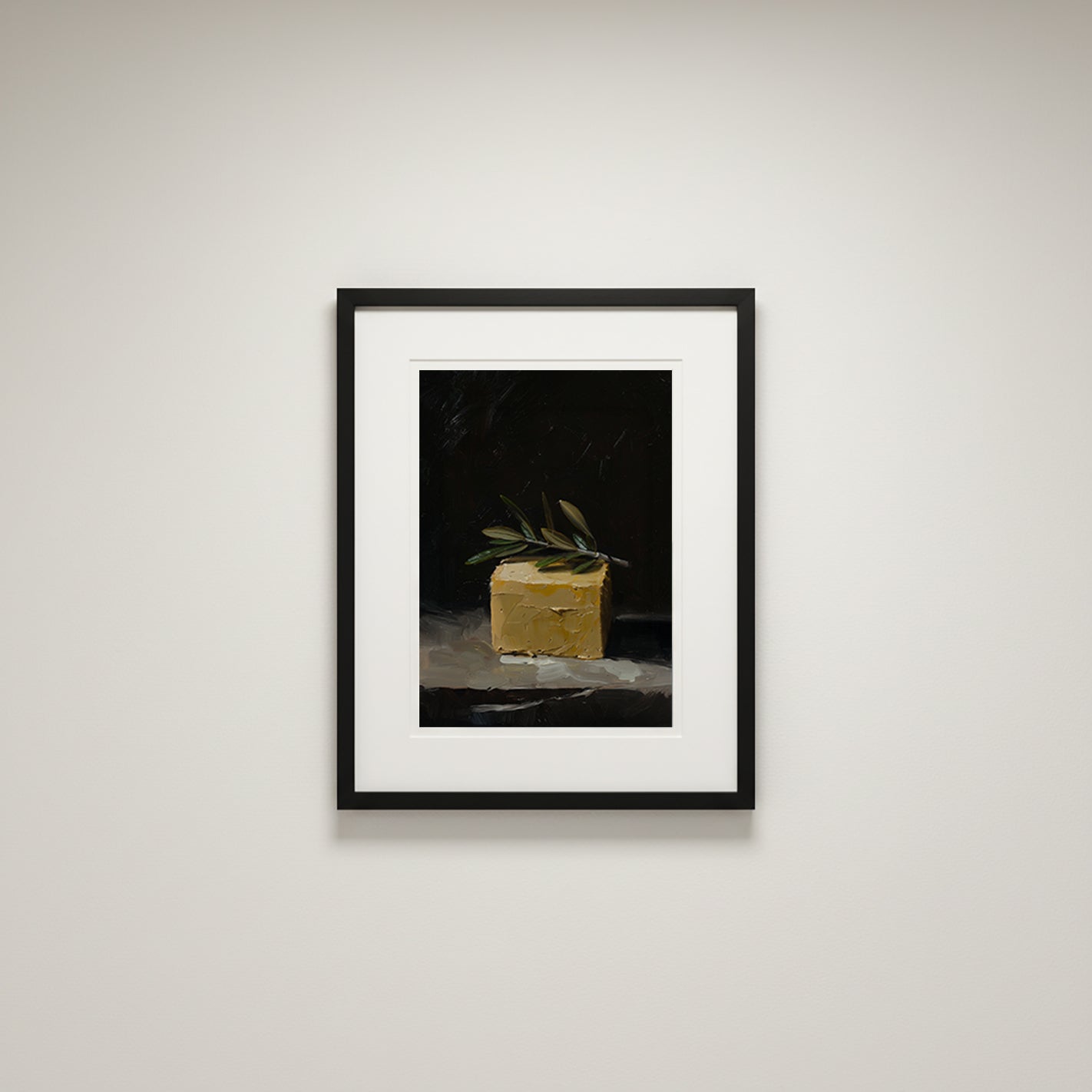 oil style still life painting of a butter block topped with an olive branch on a dark background, classical textured artwork with warm light