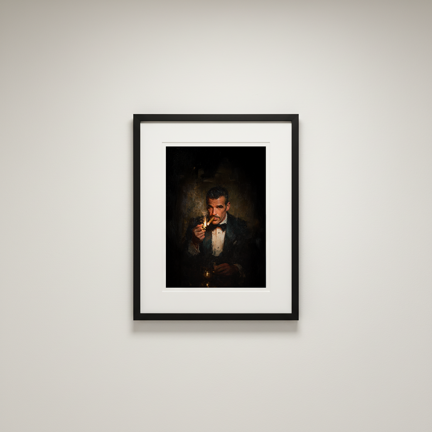 Framed portrait of a man smoking a cigarette on a white wall
