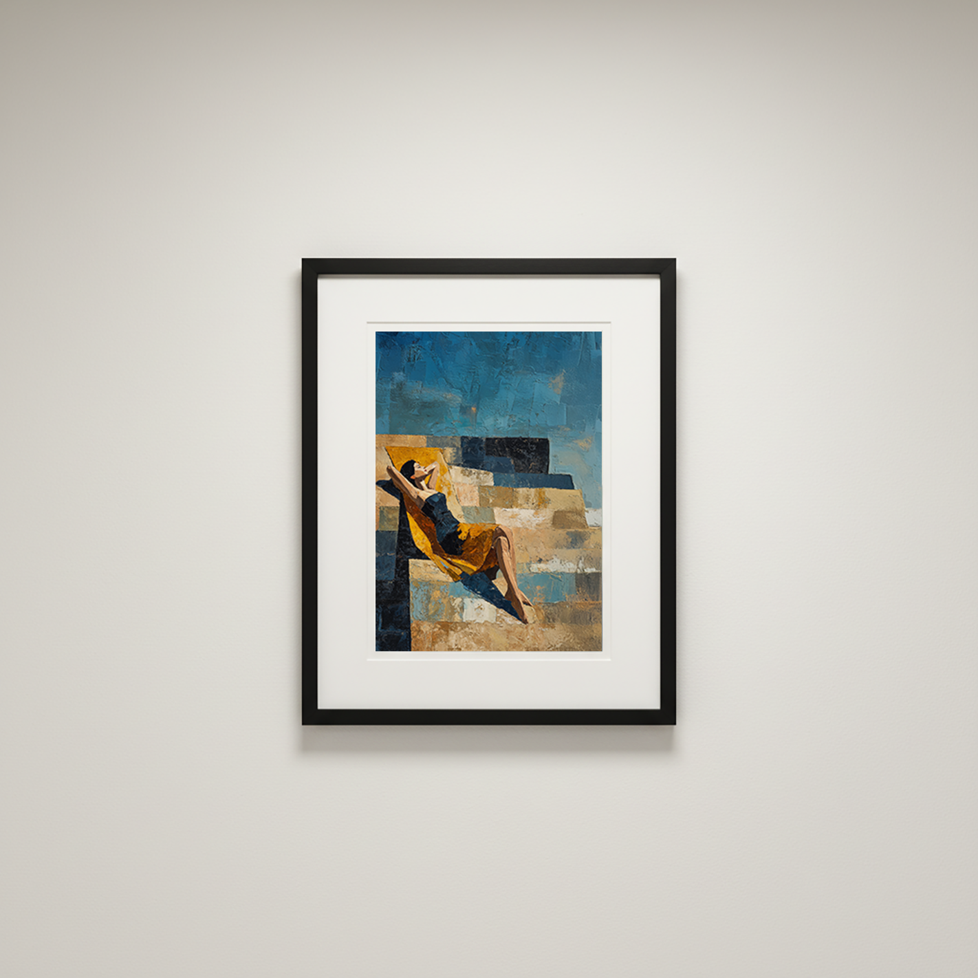 Framed abstract artwork on a white wall
