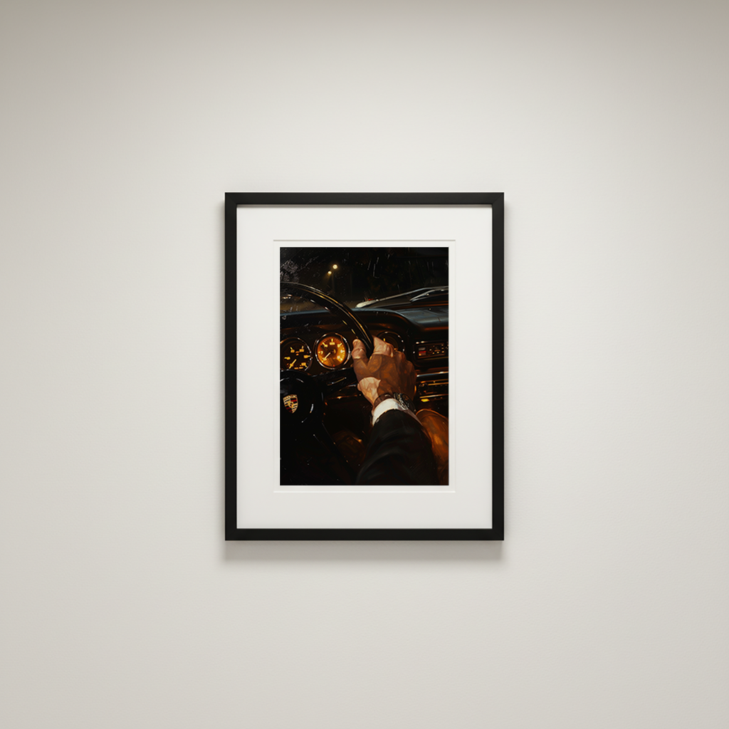 Framed photograph of a person opening a car door on a white wall