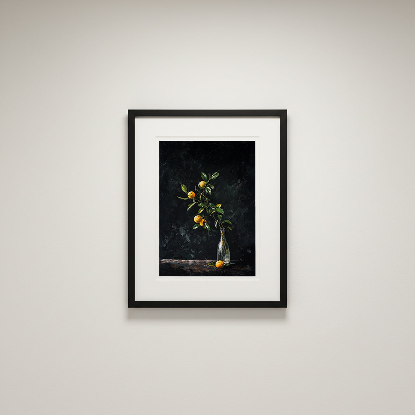 oil style still life painting of a lemon branch in a glass bottle on a dark background, classical textured artwork with vivid yellow citrus