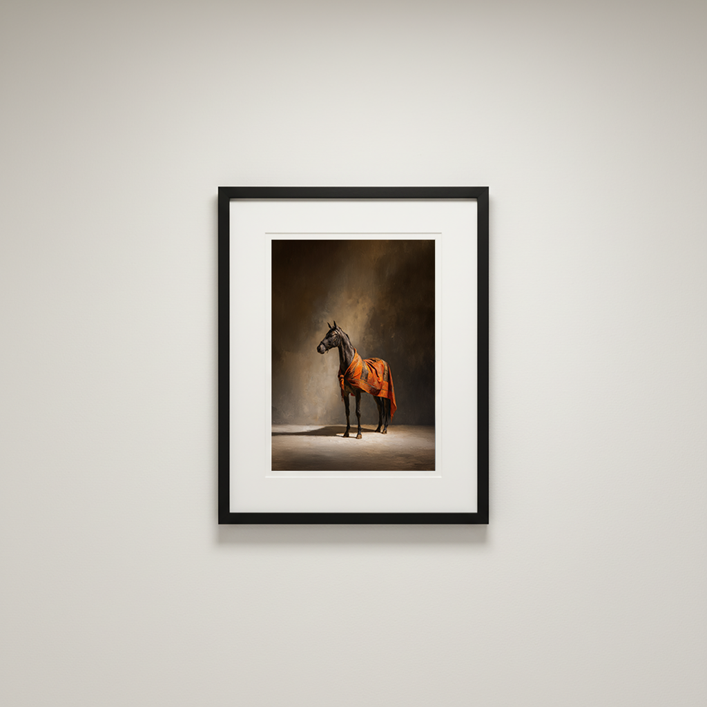 Framed photograph of a horse draped in orange fabric on a white wall