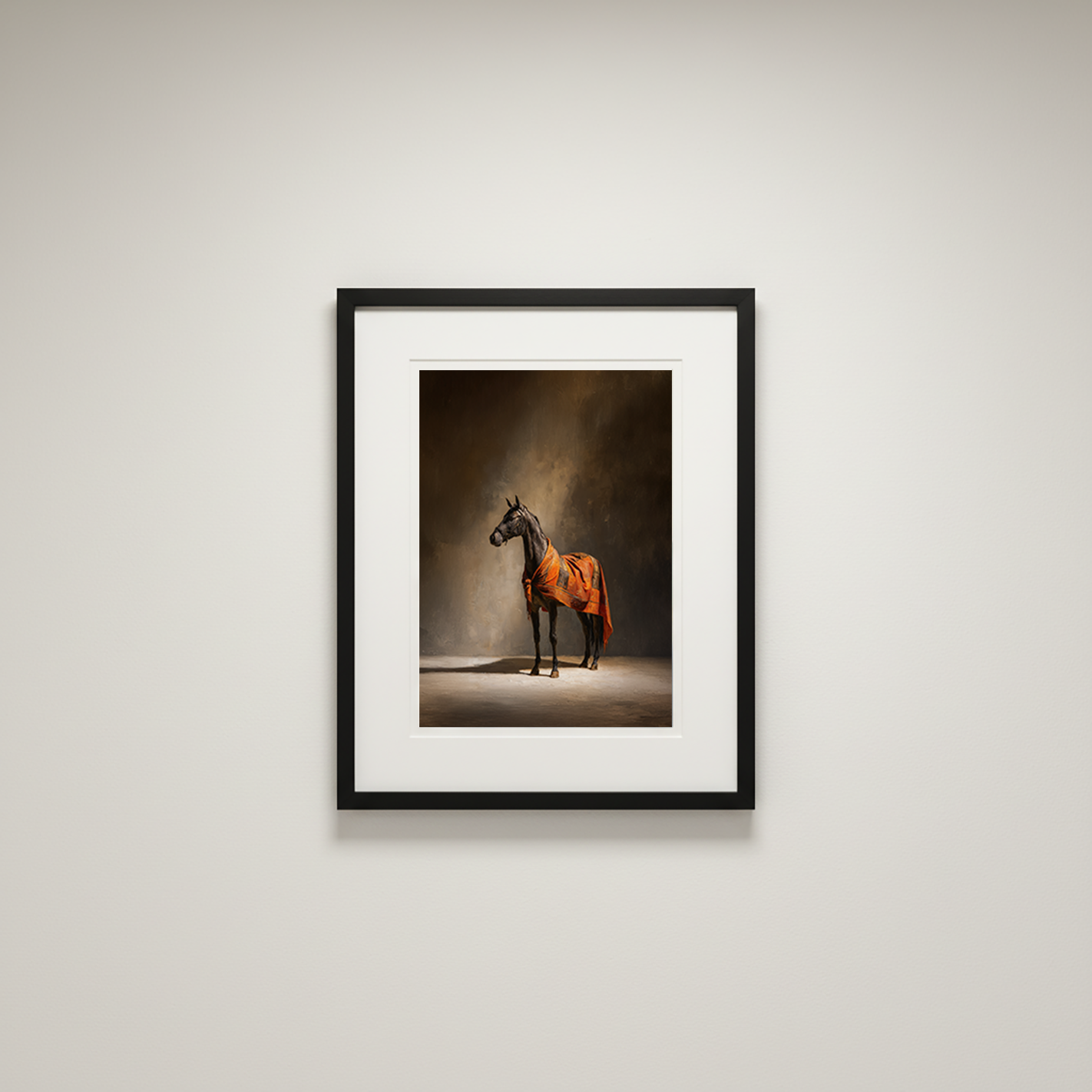 Framed photograph of a horse draped in orange fabric on a white wall