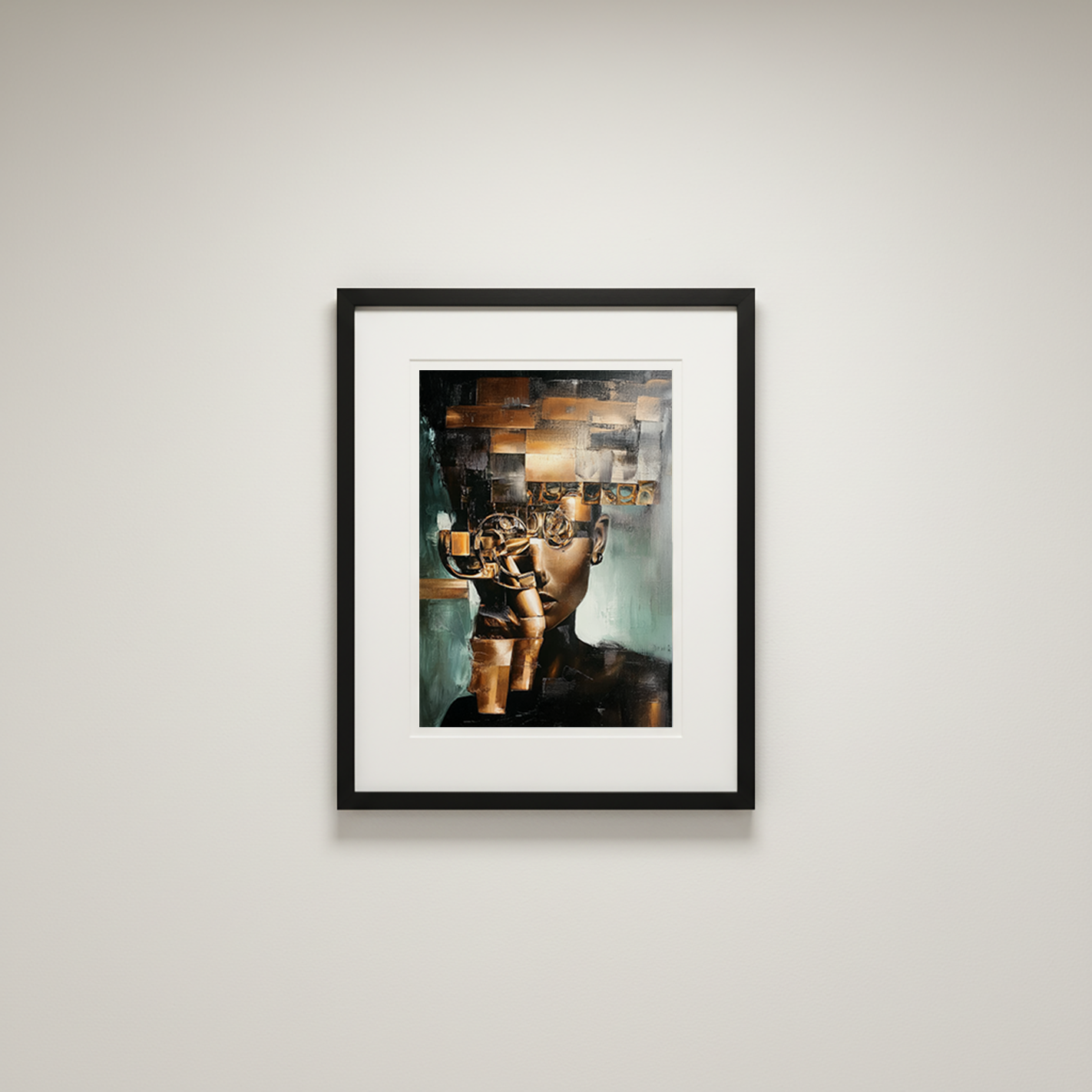 Abstract portrait of a woman with geometric gold elements and metallic textures covering part of her face.