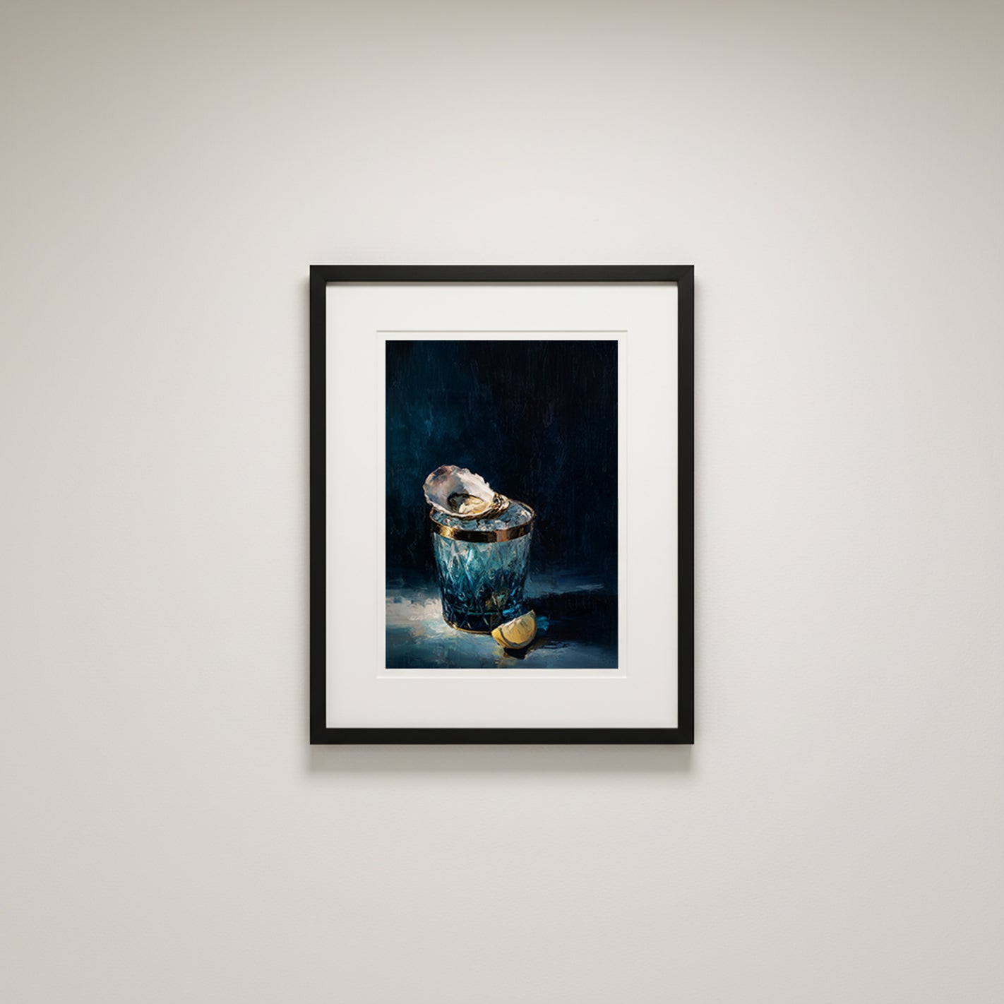 luxury still life oil painting of an oyster on ice in a blue cut glass vessel with lemon slice, dark moody background, elegant wall art
