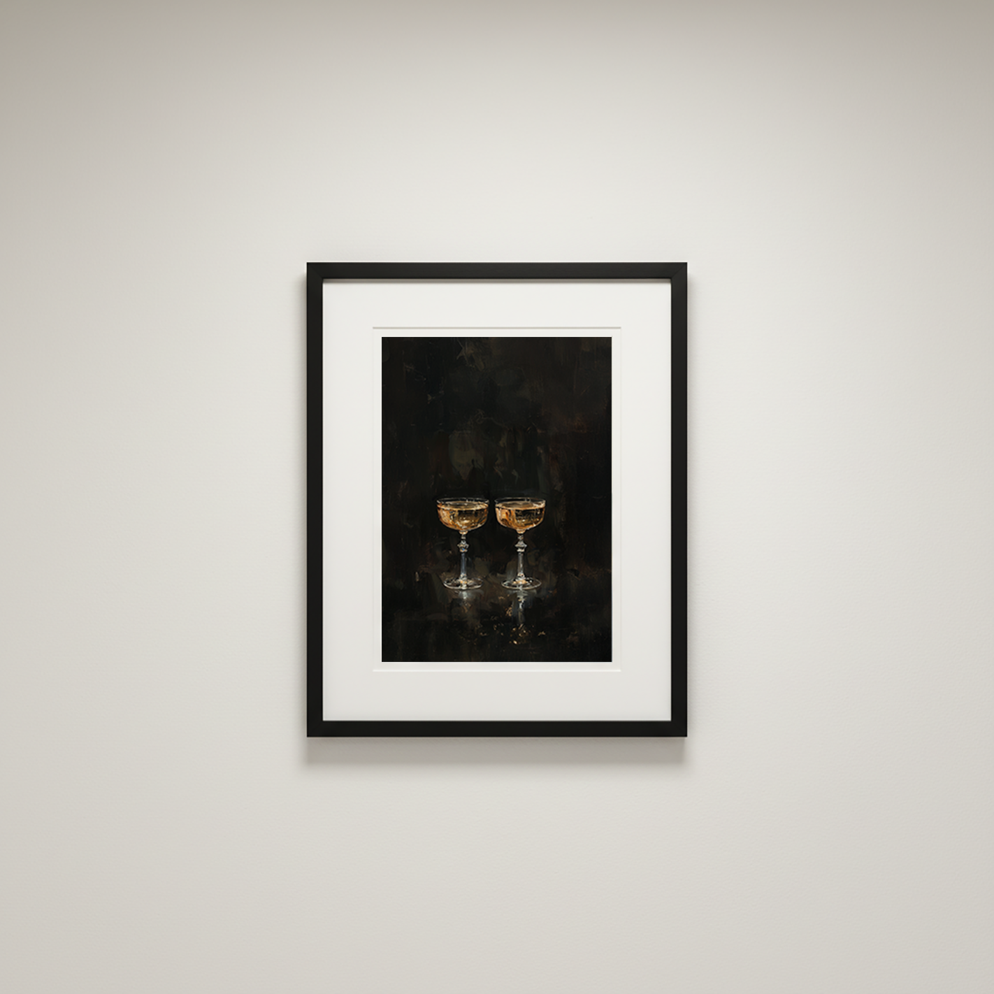 Framed artwork of two champagne glasses on a dark background, mounted on a light gray wall.