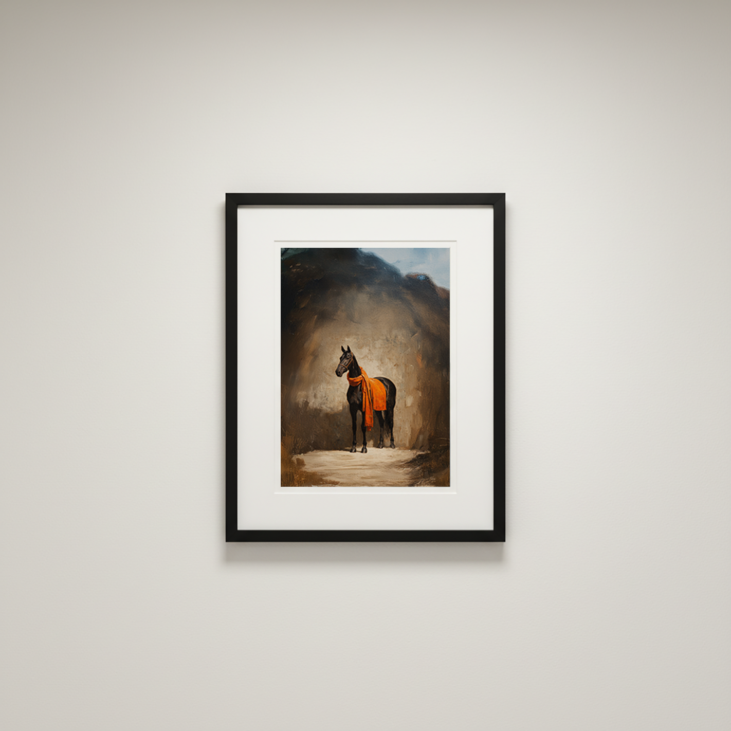 Framed artwork of a horse with an orange blanket on a gray wall
