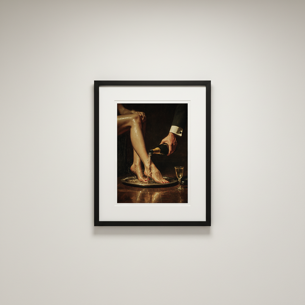 Framed artwork of a person pouring a drink onto feet with a white background