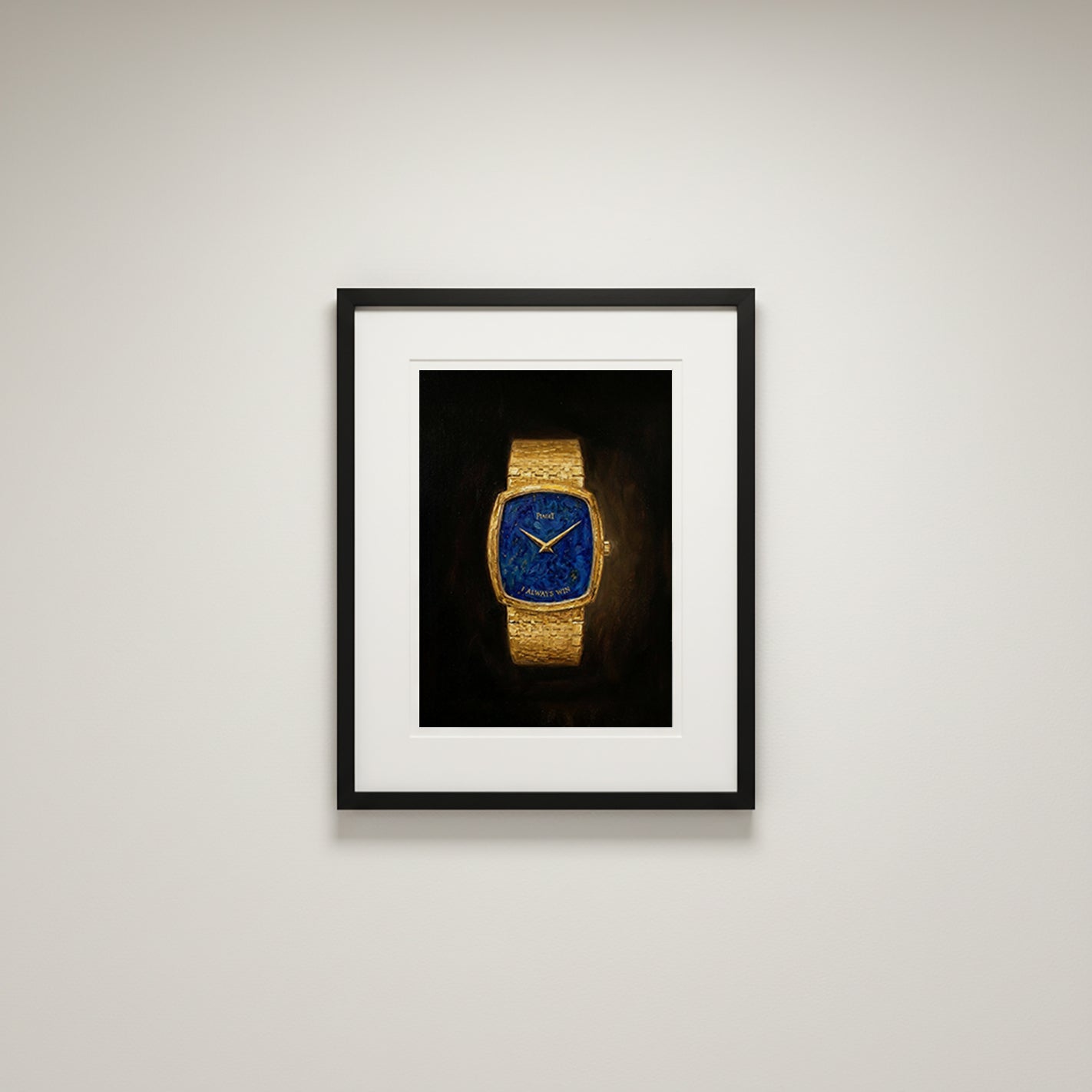 Framed picture of a gold watch with a blue face on a white wall