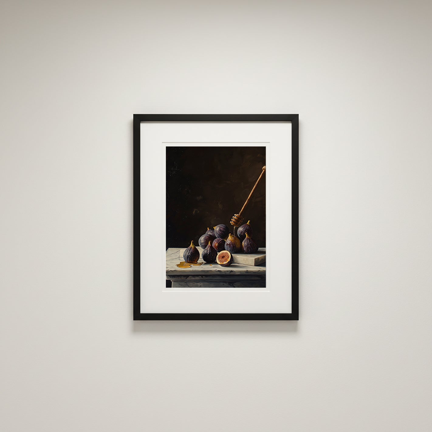 oil style still life painting of figs on marble with honey dripping from a wooden dipper, dark background and rich classical lighting