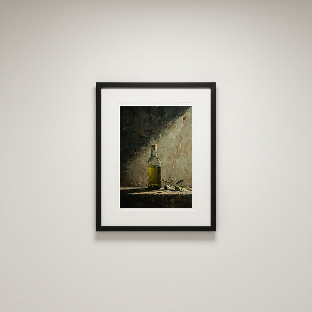 oil style still life painting of a bottle of olive oil with olives on a table, warm textured artwork in classical European style