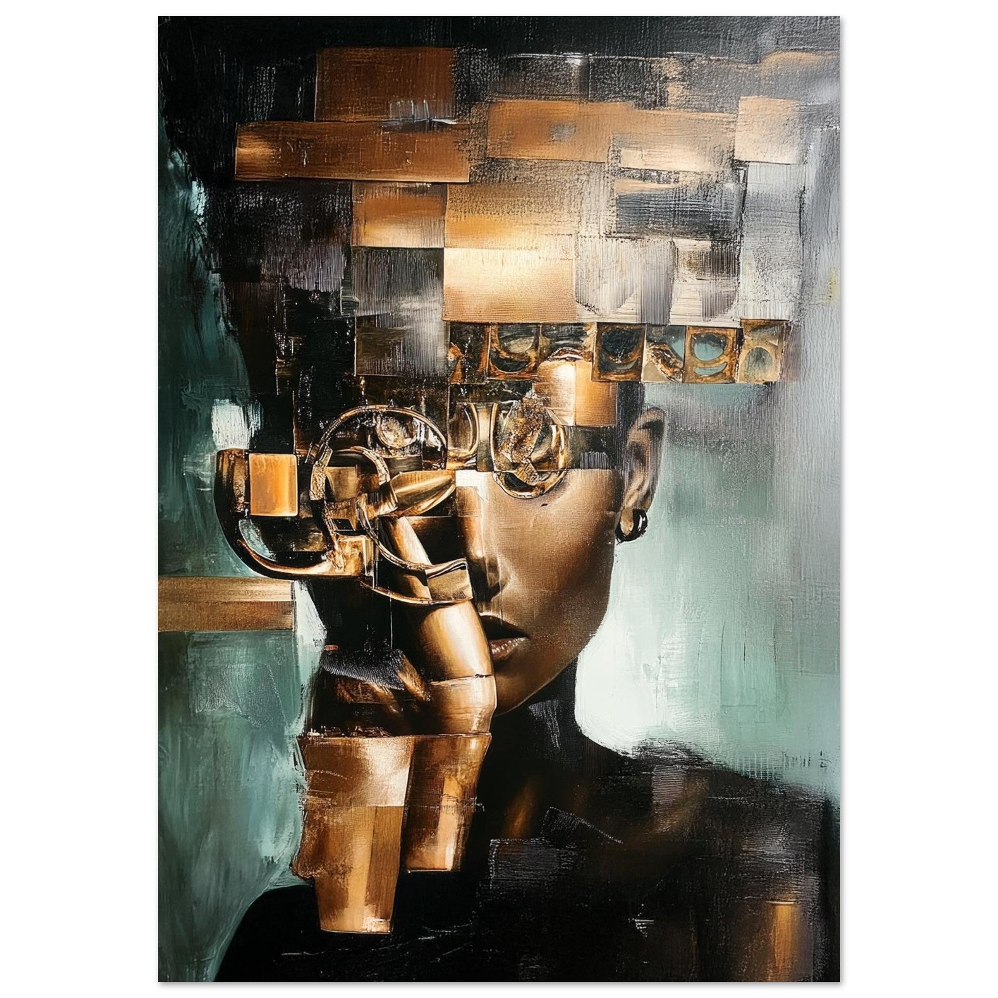 Abstract portrait of a woman with geometric gold elements and metallic textures covering part of her face.