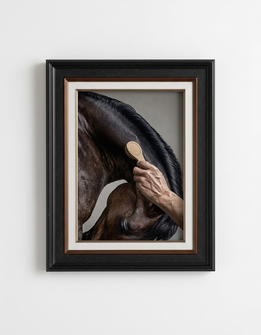 close up photograph of a horse’s crest being brushed by hand in soft studio lighting