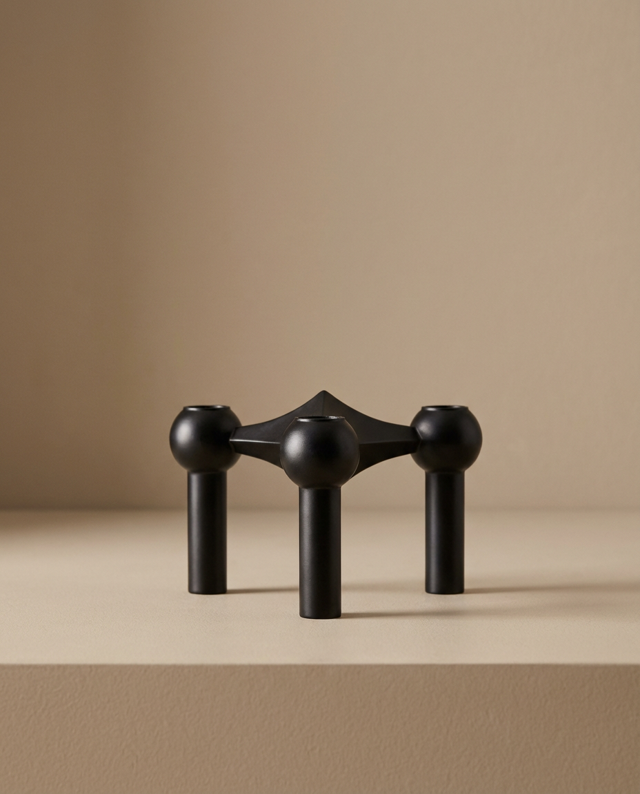Black geometric candle holder on a beige background