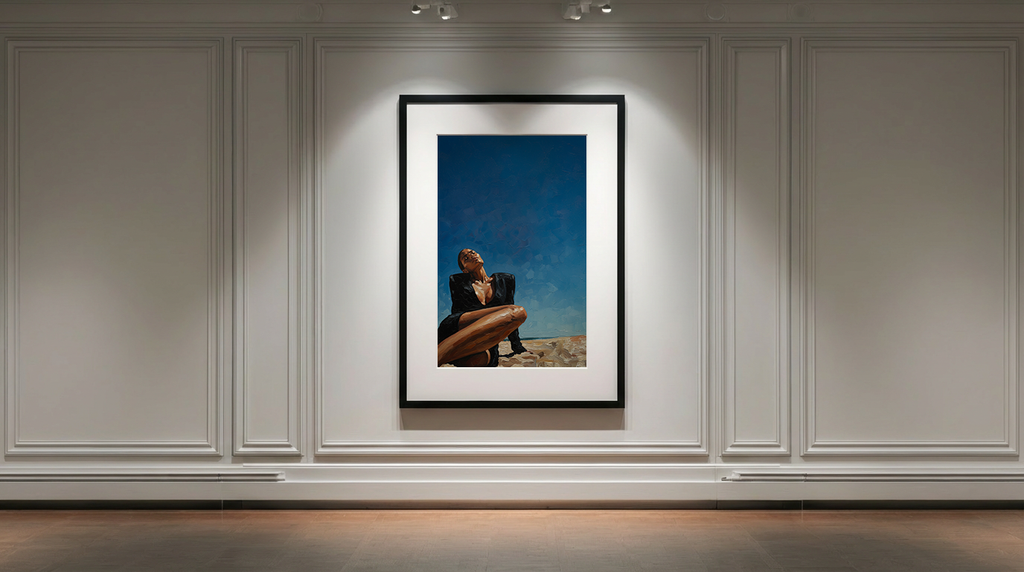 Framed photograph of a person with a dog on a beach wall-mounted in a room with wooden paneling.