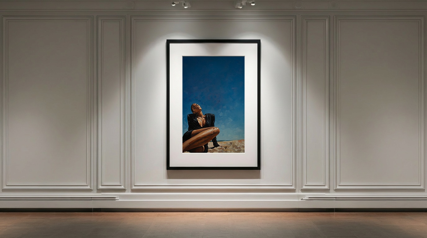 Framed photograph of a person with a dog on a beach wall-mounted in a room with wooden paneling.