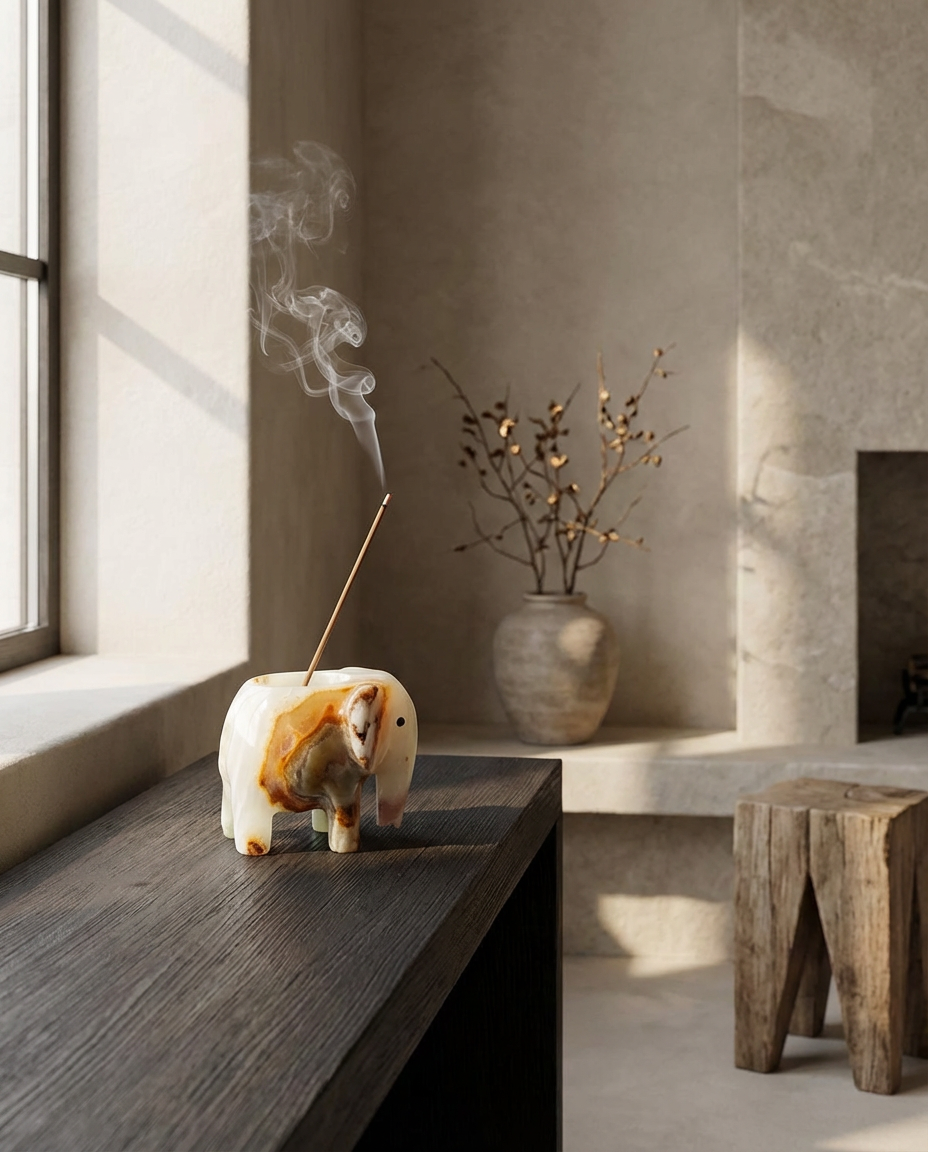 Incense burner with smoke on a wooden table in a minimalistic room.