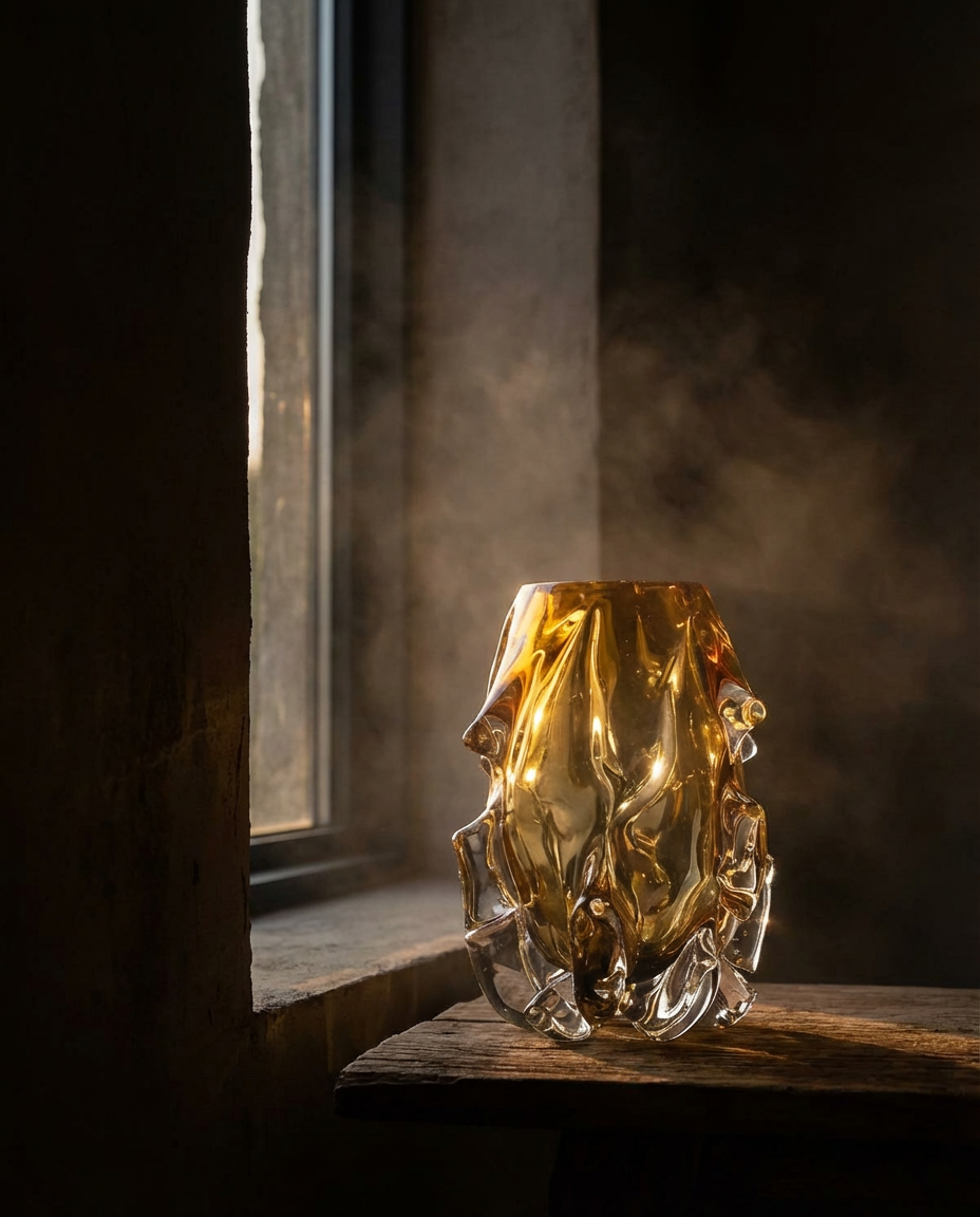Decorative glass vase on a wooden surface with a window in the background