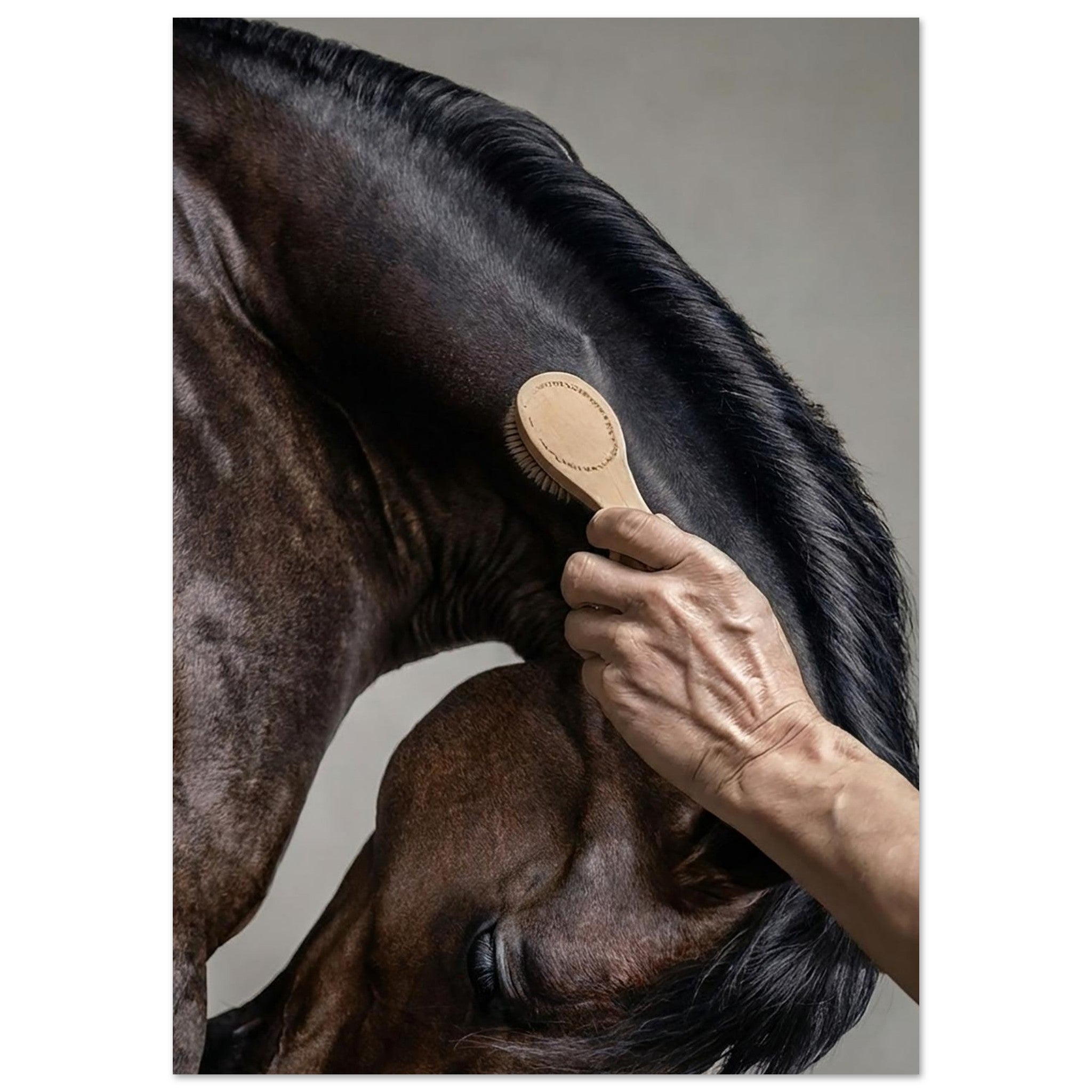 close up photograph of a horse’s crest being brushed by hand in soft studio lighting