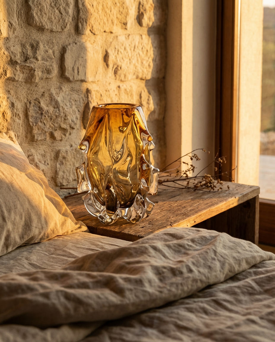 Glass vase on a wooden shelf against a stone wall with natural light.