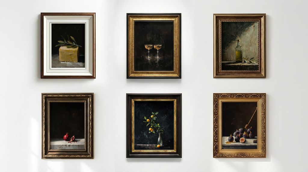 Collection of six ornate gold and wood framed still life paintings arranged on a white gallery wall
