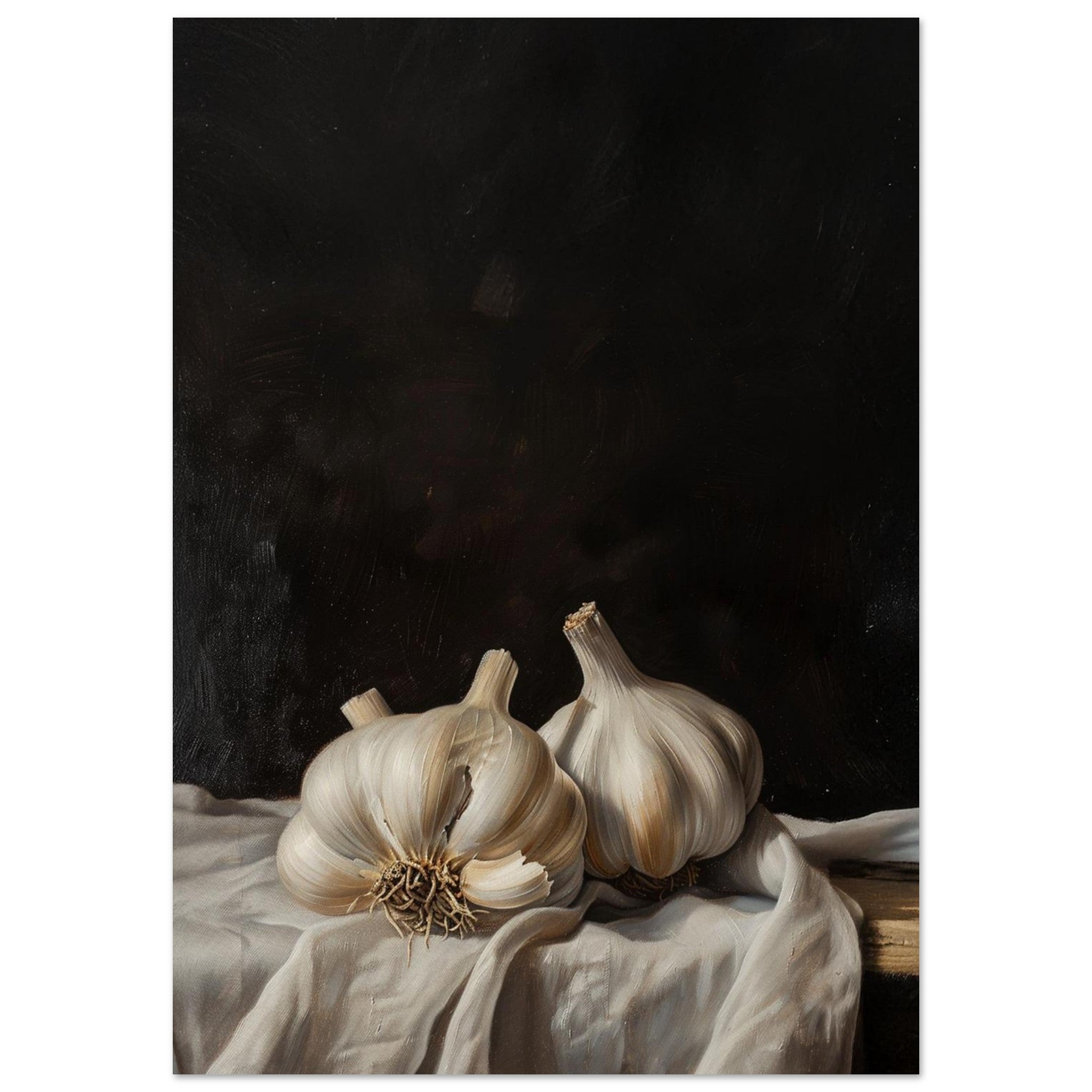 Contemporary still life art print featuring whole garlic bulbs arranged on linen against a dark textured background.