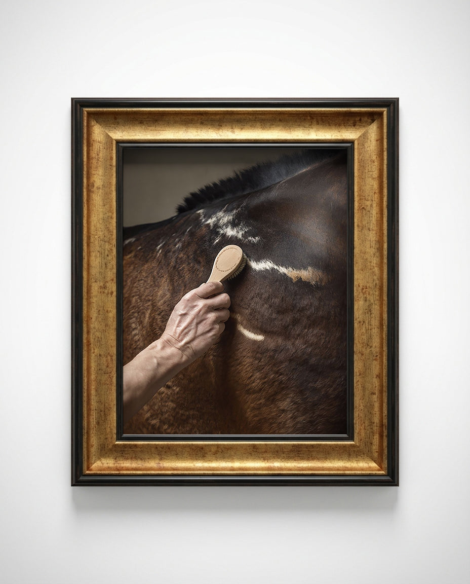 close up photograph of a horse’s shoulder being brushed by hand in soft studio lighting