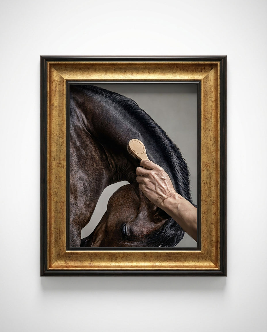 close up photograph of a horse’s crest being brushed by hand in soft studio lighting