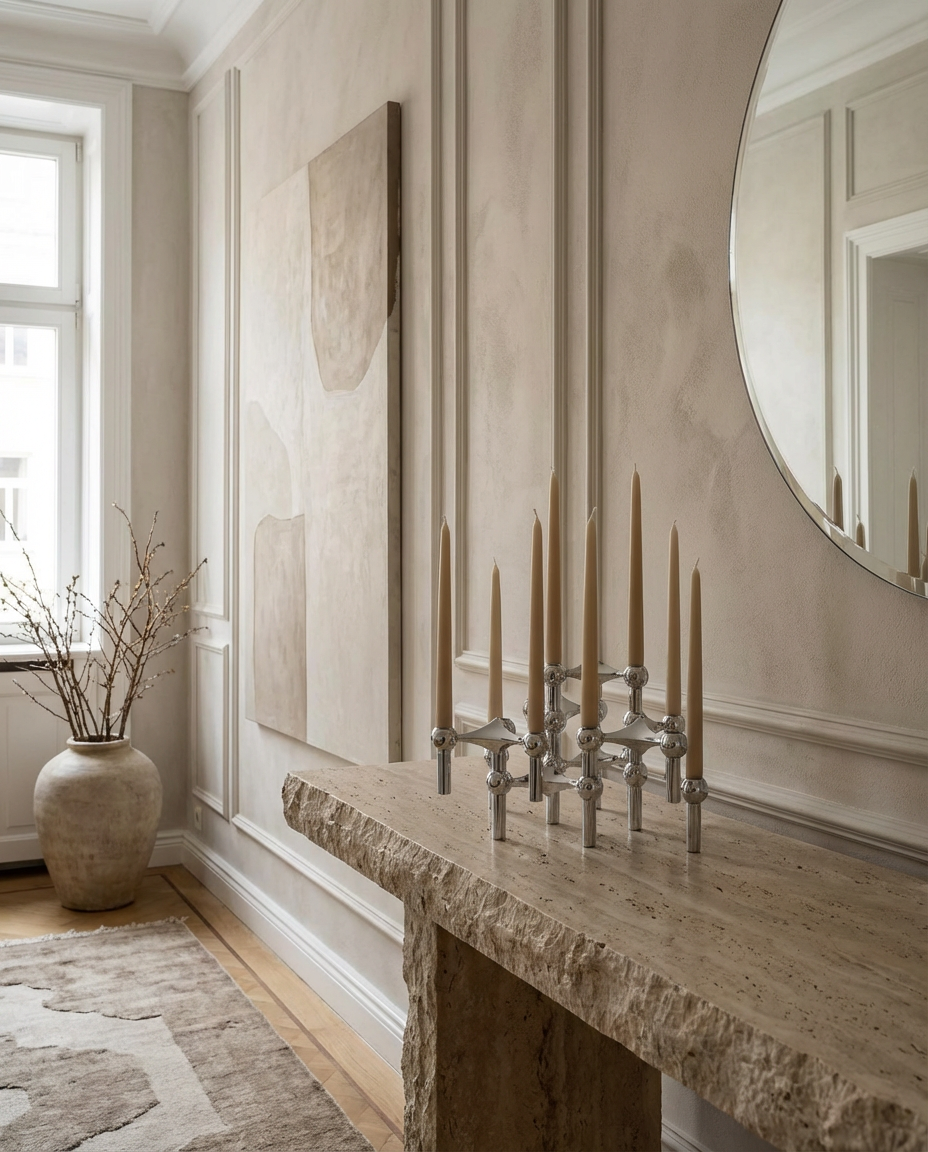 Decorative setup with candles, mirror, and vase in a room with light-colored walls.