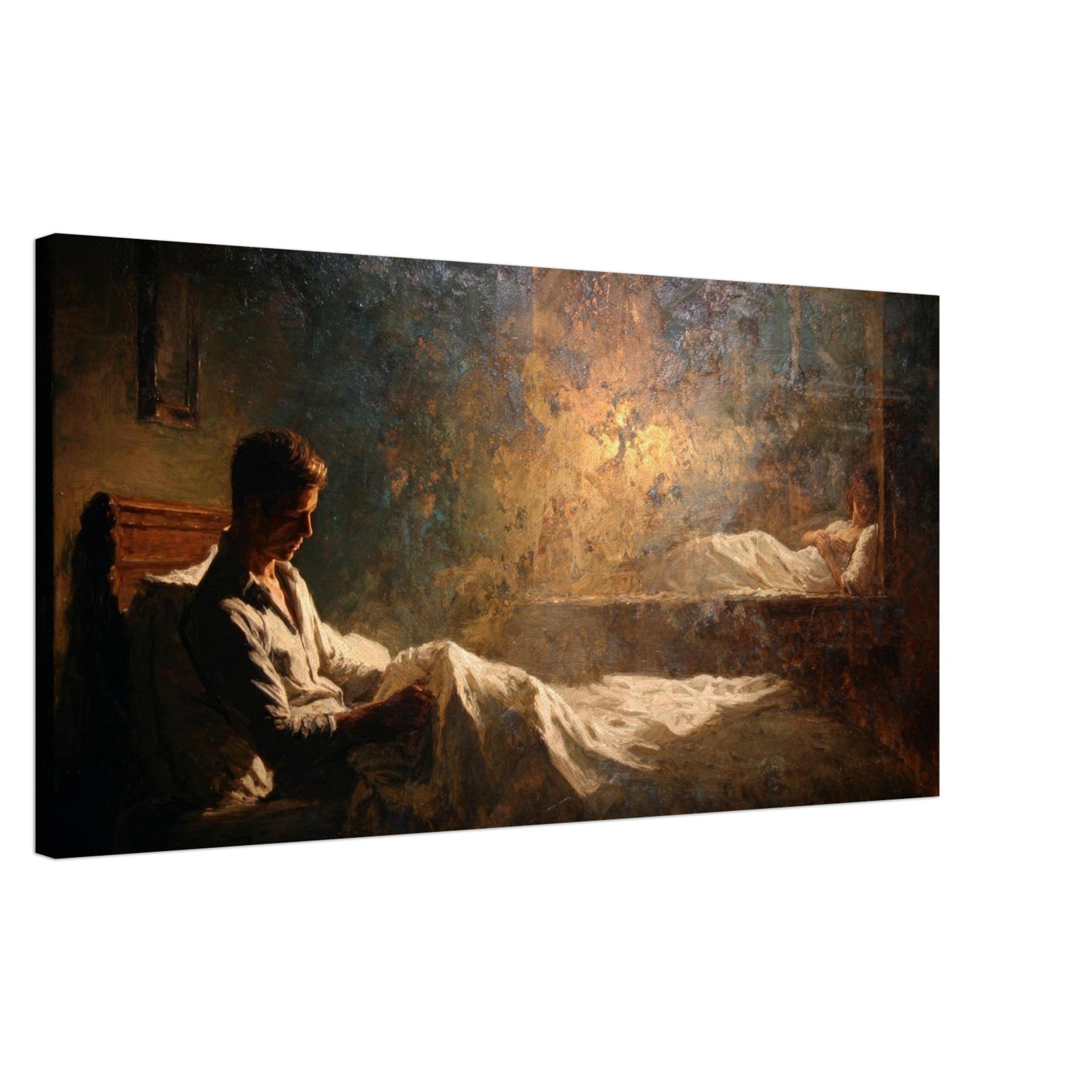 romantic oil style figurative painting showing a man in lamplight and a woman in shadow, cinematic artwork exploring loneliness, emotional distance and modern relationships