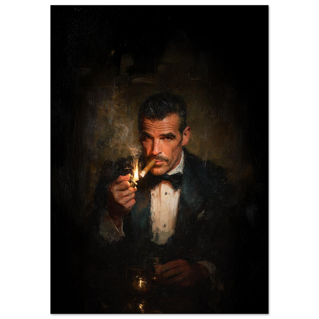 Man in formal attire holding a lit candle against a dark background