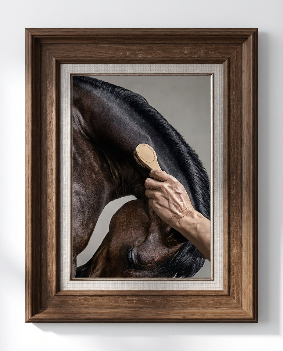 close up photograph of a horse’s crest being brushed by hand in soft studio lighting