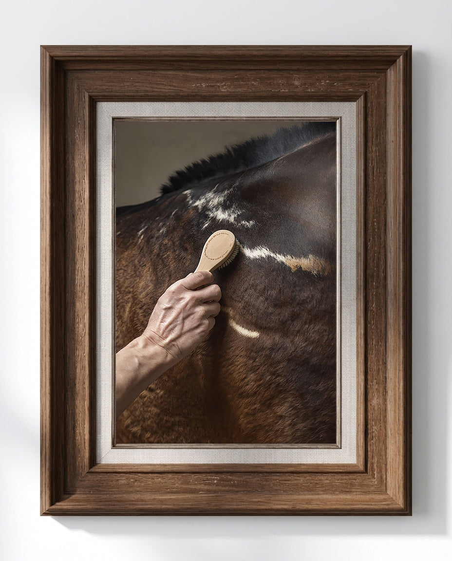 close up photograph of a horse’s shoulder being brushed by hand in soft studio lighting