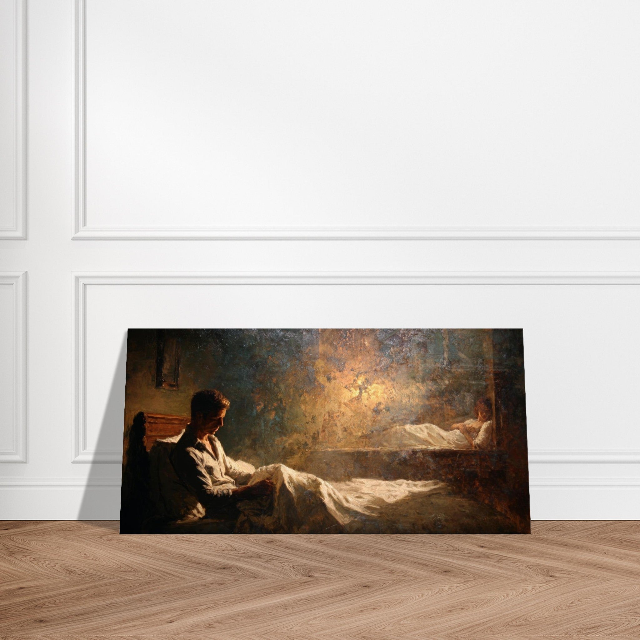 romantic oil style figurative painting showing a man in lamplight and a woman in shadow, cinematic artwork exploring loneliness, emotional distance and modern relationships