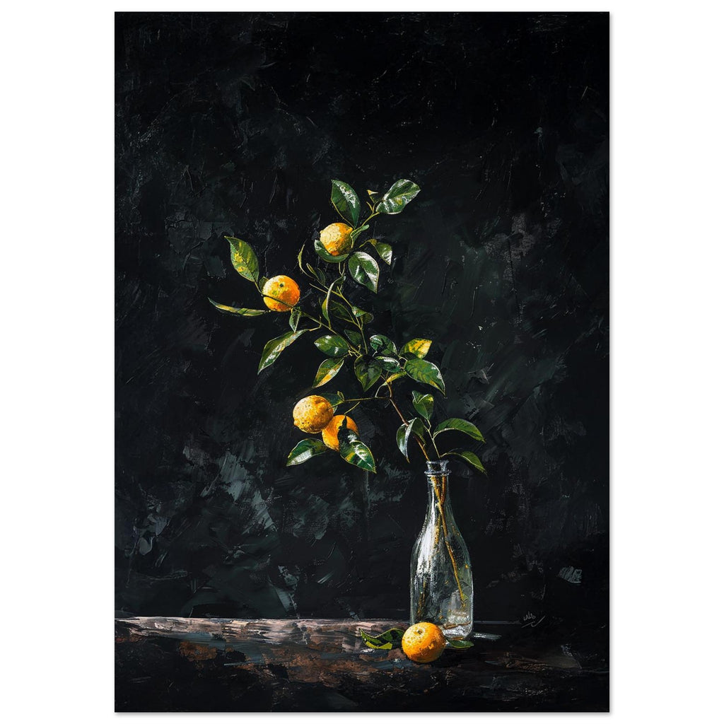 oil style still life painting of a lemon branch in a glass bottle on a dark background, classical textured artwork with vivid yellow citrus