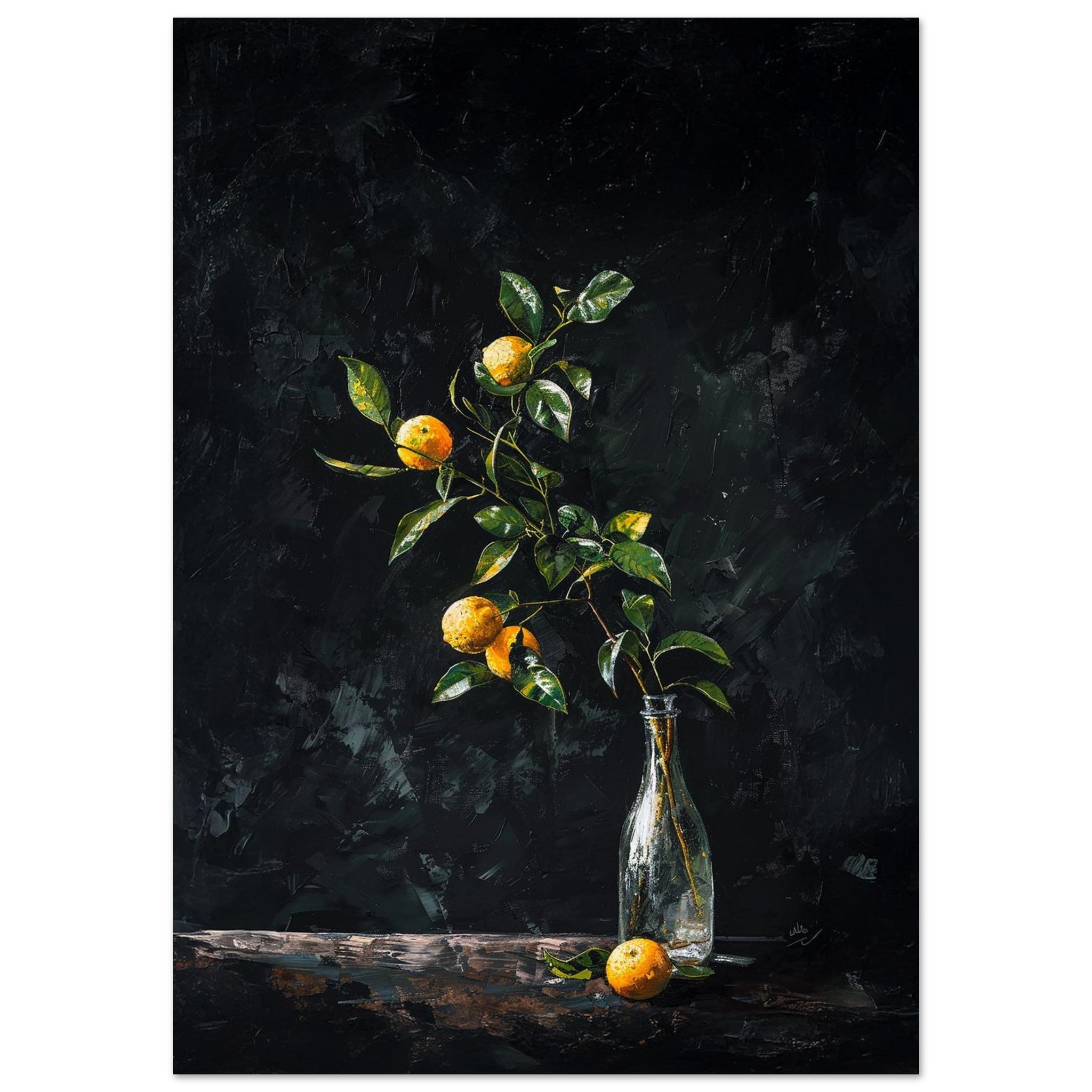 oil style still life painting of a lemon branch in a glass bottle on a dark background, classical textured artwork with vivid yellow citrus