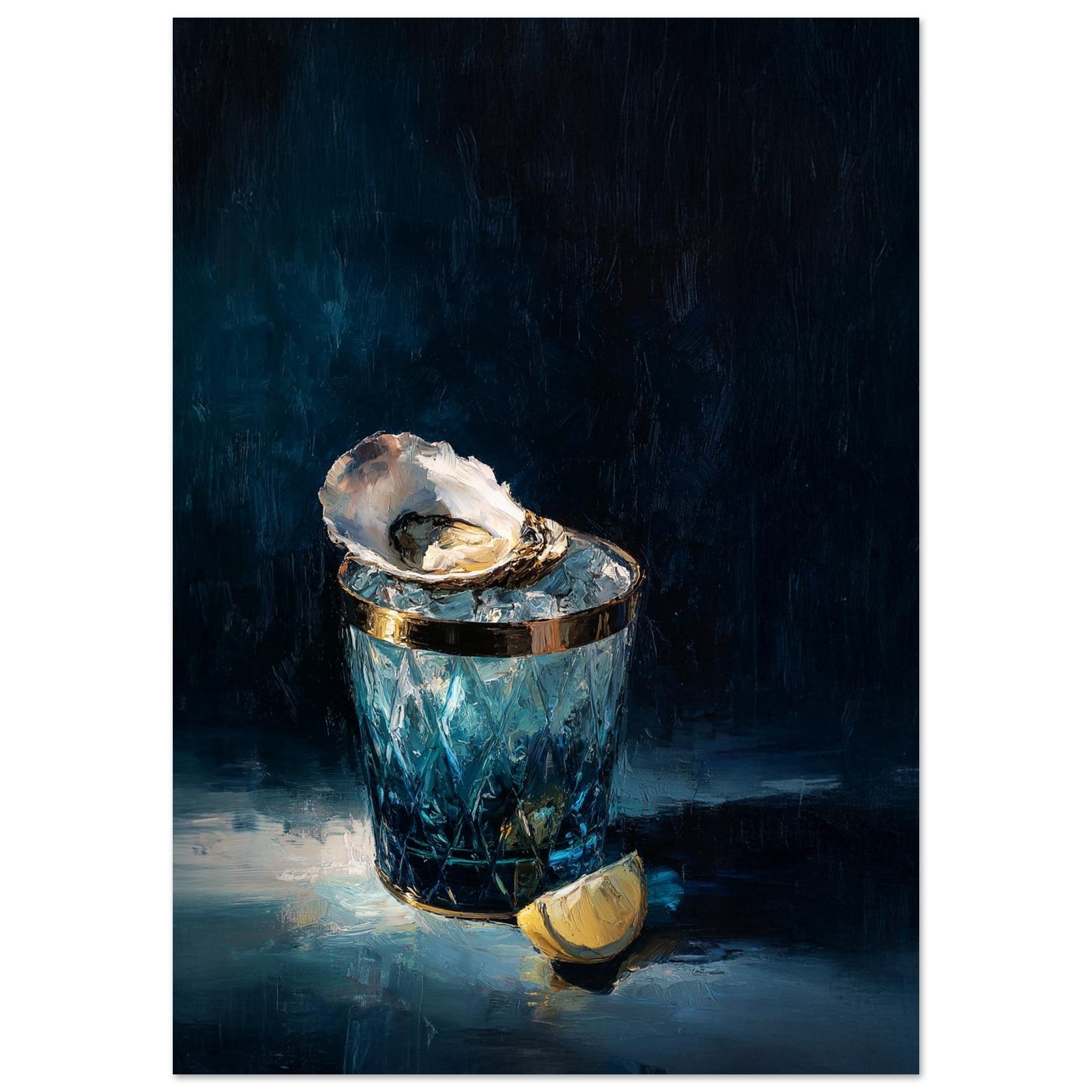 Blue cocktail glass with ice and lemon wedge on a dark background