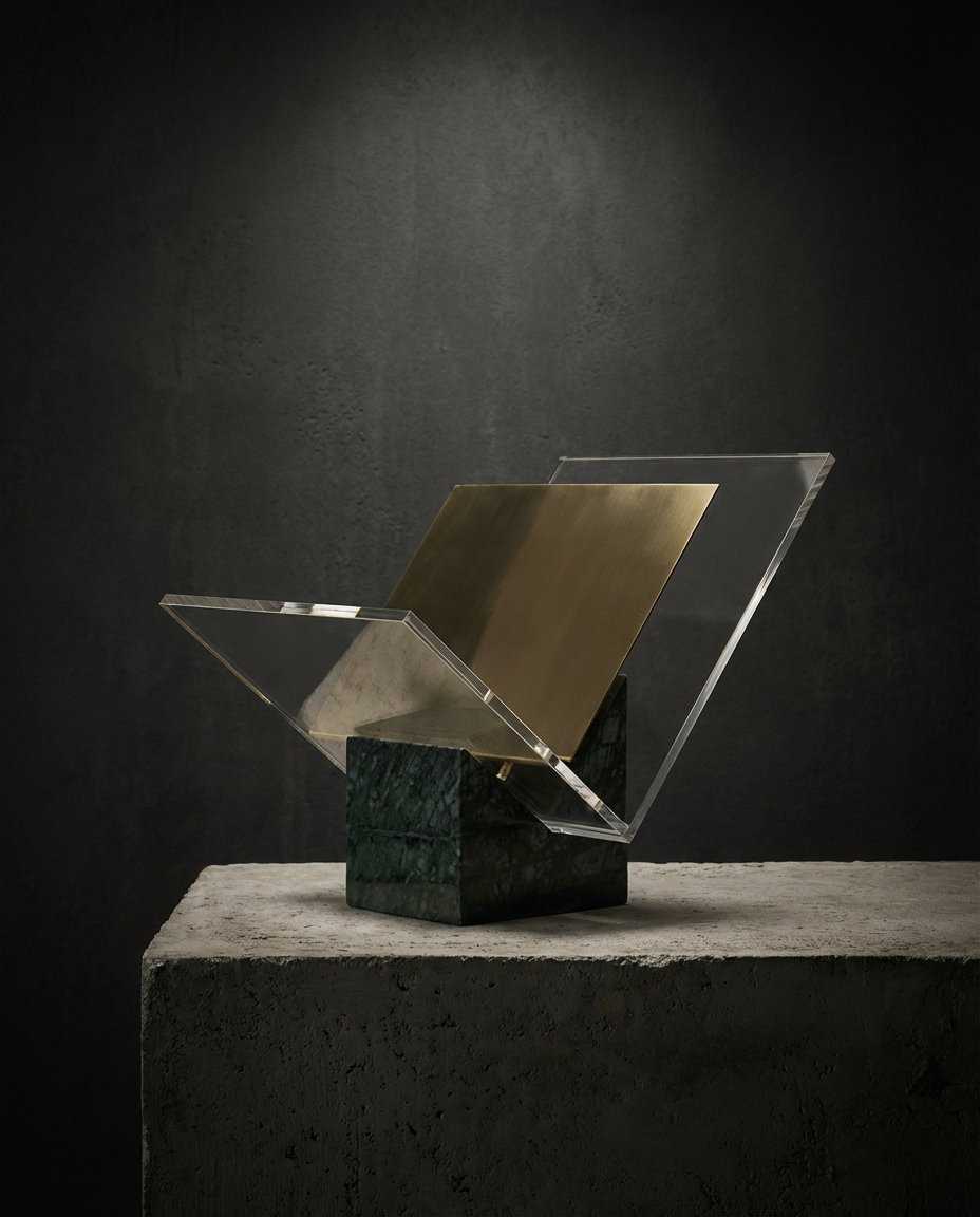 Modern sculpture with gold and silver elements on a dark background