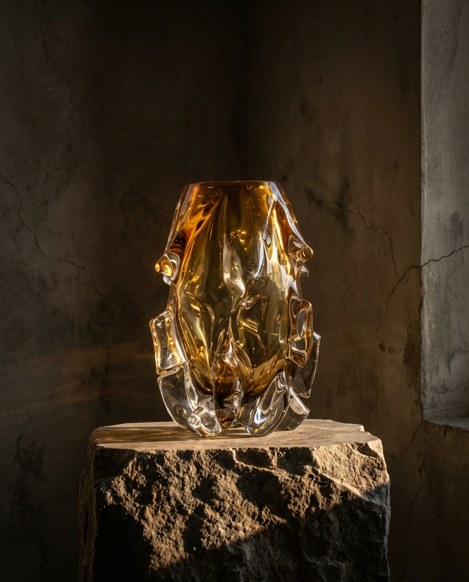 Gold glass sculpture on a stone pedestal against a dark background