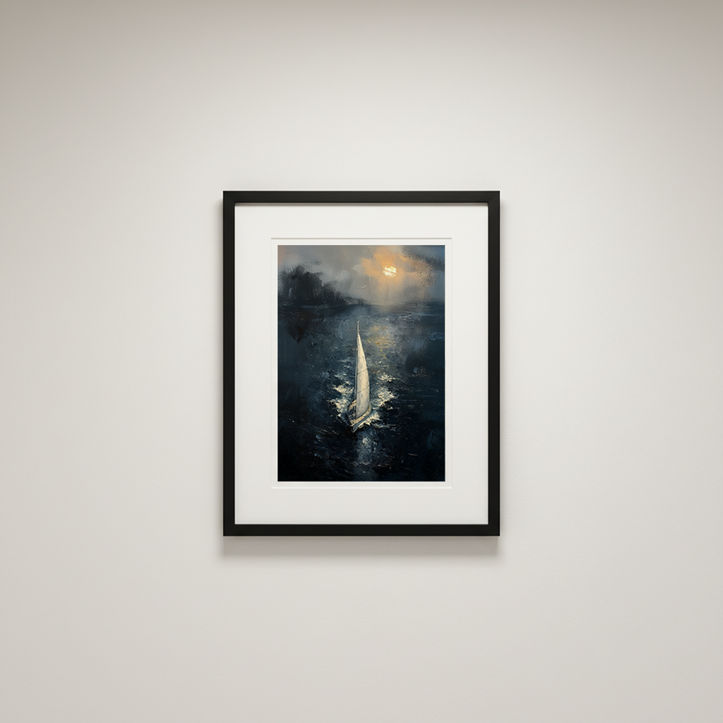 Sailboat at dusk art print framed in a black gallery frame with a white mat, displayed against a soft neutral wall