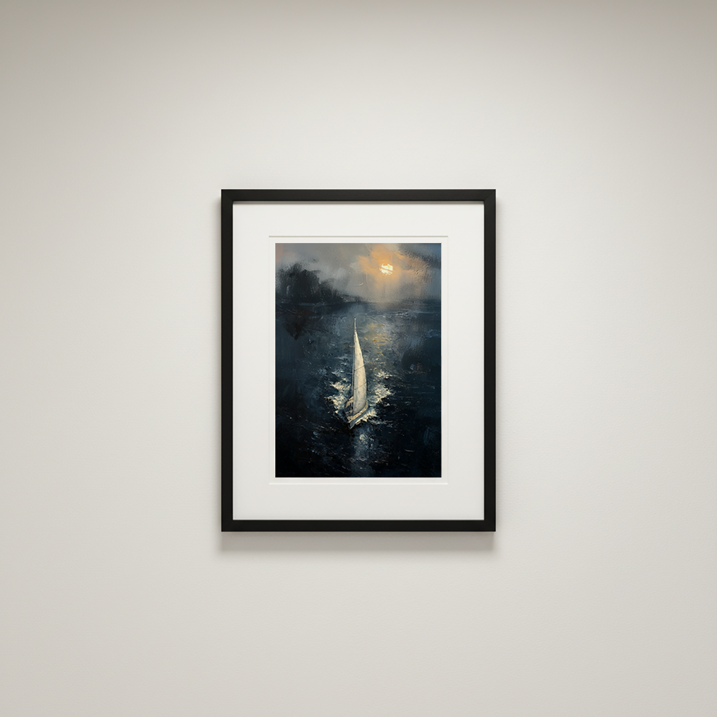 Sailboat at dusk art print framed in a black gallery frame with a white mat, displayed against a soft neutral wall