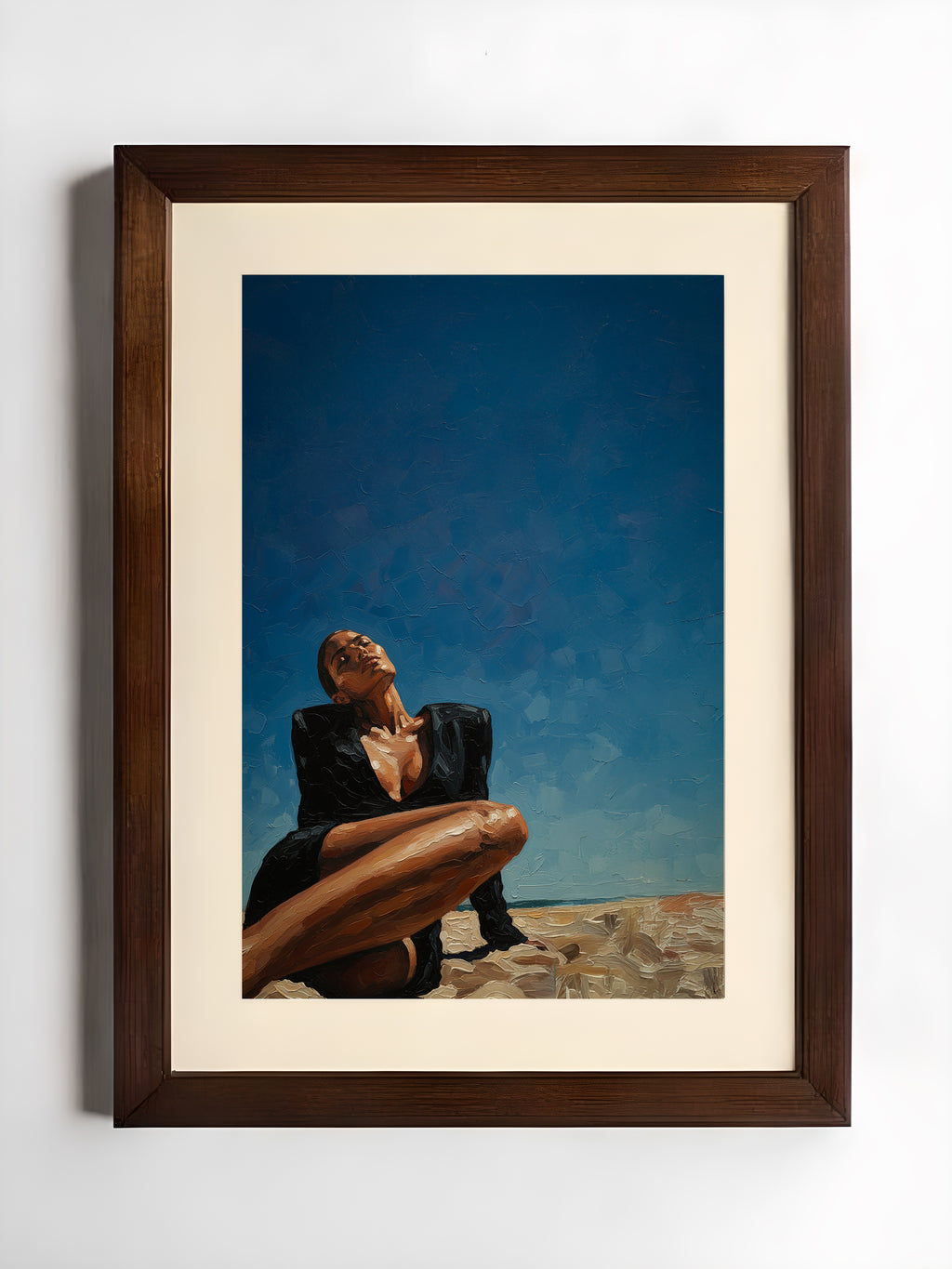 Framed artwork of a person with a surfboard against a blue sky.