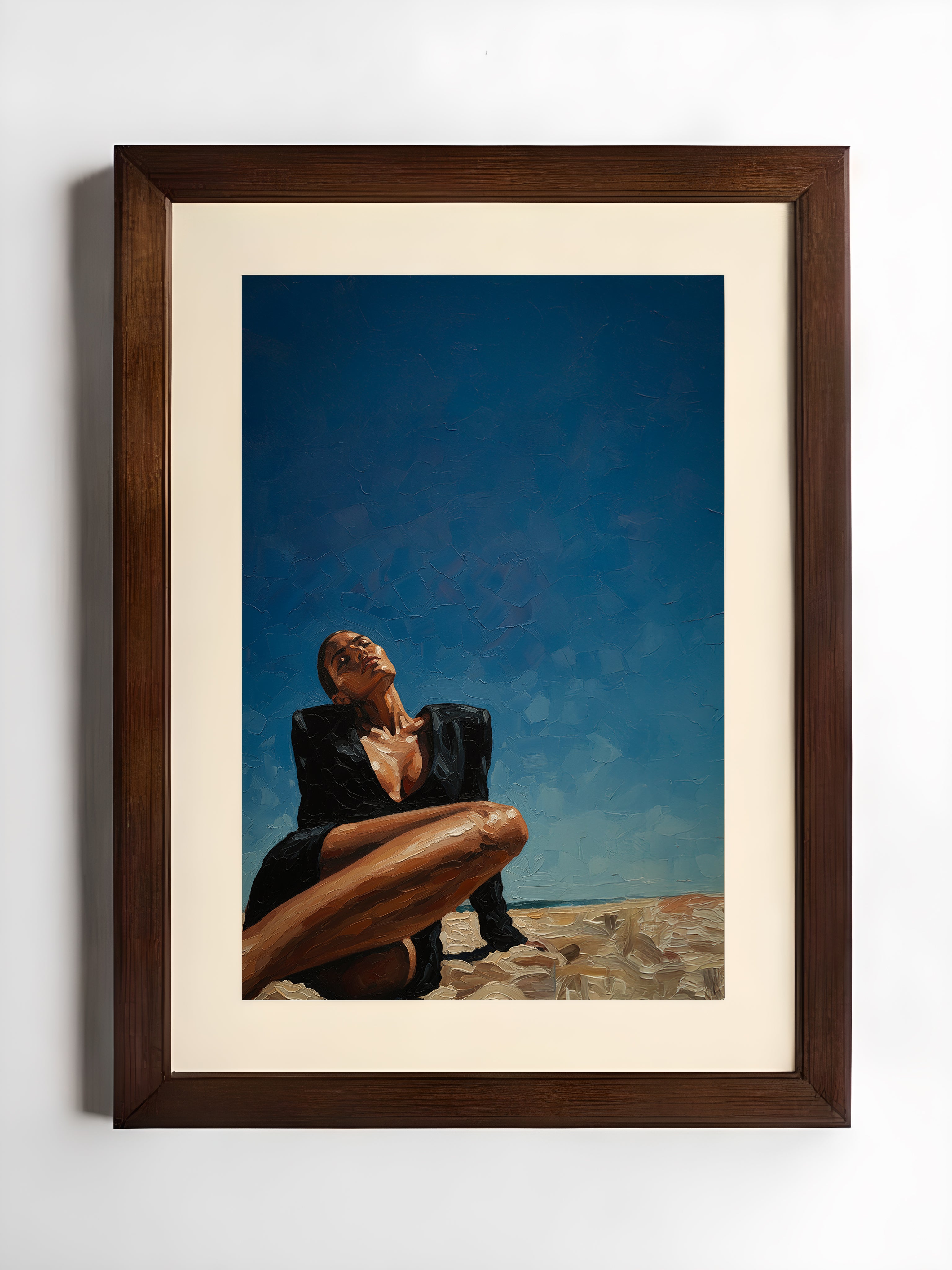 Framed artwork of a person with a surfboard against a blue sky.
